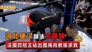 河北硬汉双腿像装了铁块，法国四冠王被踢瘸，钻出围绳向教练求救【格斗界扛把子】