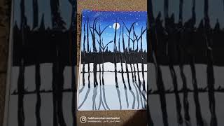 تعليم الرسم بالالوان المائية  رسم منظر طبيعي ليلي رسم القمر مكتمل 