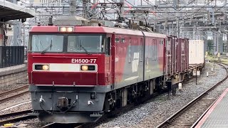 【ジョイント音最高！】JR貨物EH500形77号機＋コキ14B（両）が大宮駅10番線を通過するシーン（2071レ・仙貨A105・コンテナ輸送）2024.6.6