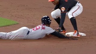 BOS@BAL: Joseph throws out Bradley Jr. at second base