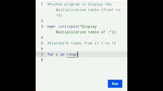 Simple code to Display Multiplication of Number using Python⚡ #education #pythontutorial #shorts