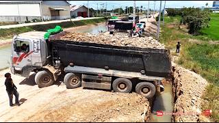 Wow Landfill Into Flood Land Operation! Skilled Dozer Spreading Dirt with Heavy Dump Trucks Working