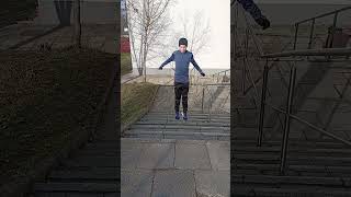 Exercise jumping on steps. Athletics. Training. Winter.