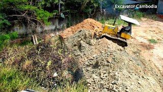 Starting New Project Landfill With Komatsu D20P Dozer Pushing Dirt And 5Ton Truck Unloading Dirt