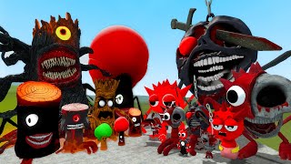 ALL PHASES OF HORROR MR TREE SPRUNKI VS ALL PHASES OF RADDY RED SPRUNKI In Garry's Mod!