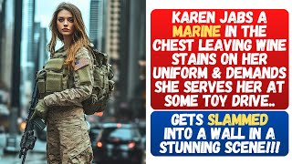 KAREN JABS A MARINE IN THE CHEST STAINING THEIR UNIFORM FOR THE STUPIDEST REASON! GETS SLAMMED HARD!