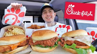 MUKBANG EATING Chick-Fil-A Spicy Deluxe Chicken Sandwiches, Regular Sandwich, Nuggets, Waffle Fries