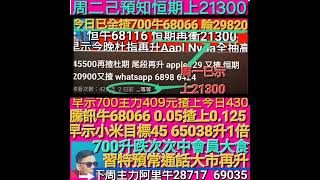 下周上21700 周一已示恒期上21300今日到700本周主力果大升 早知小米上45牛大食 金1818下周大升 6898 6424