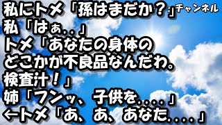 スカッとする話　私にトメ「孫はまだか？」私「はぁ  」トメ「あなたの身体のどこかが不良品なんだわ。検査汁！」姉「フンッ、子供を    」←トメ「あ、あ、あなた    」 【スカッと】