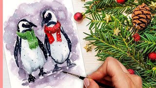 Watercolor Christmas Card Painting Ideas Holiday Penguins