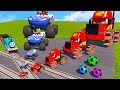 4 MONSTER TRUCKS vs Big & Small: Mack Truck with Ball vs Train - Cars vs Slide Colors - BeamNG.Drive