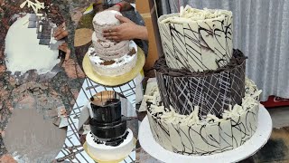 How To Make 3 Step Beautiful Cake | Full Chocolate Garnish 3 Tier Cake Decoration Idea