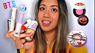 TRYING ON BTS MAKEUP! (BT21 x VT COSMETICS) REVIEW