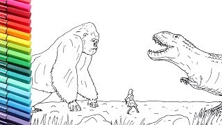Drawind and Coloring King Kong VS Trex - Dinosaur Color Pages for Children - How to draw King Kong