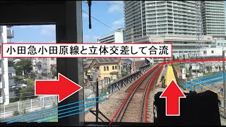 小田急小田原線と立体交差して合流していく小田急江ノ島線の中央林間駅～相模大野駅間を走行する快速急行8000形の前面展望