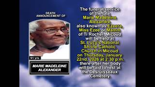 Marie Madeleine Alexander ~ Short Obituary