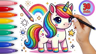 Drawing, painting, coloring nice unicorn for kids. How to draw Kawaii cute drawings. Easy to draw