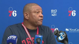 76ers coach Doc Rivers speaks to media after team suspends Ben Simmons