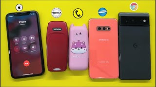 iPhone 11 calling Nokia 3310 + Mini phone + Samsung Galaxy S10e + Google Pixel 6