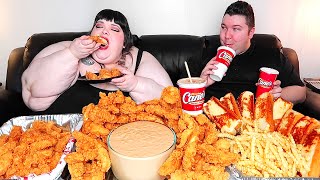 100 Raising Cane's Chicken Fingers With Hungry Fat Chick • MUKBANG