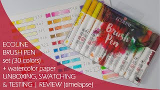 ECOLINE : BRUSH PEN set (30) + WATERCOLOR PAPER PAD | REVIEW VIDEO | (unboxing, swatching \u0026 testing)