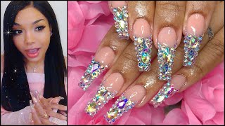 FACECAM Tutorial 🥰 Coffin Nails Bling French Tips! Inexpensive & Luxurious