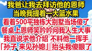 我爸让我去拜访他的恩师，当晚我提着一大篮水果,看着500平独栋大别墅当场傻了，餐桌上恩师笑吟吟问我人生大事，我直说求他介绍 不料他一挥手:「孙子 来见孙媳」抬头我傻眼了!