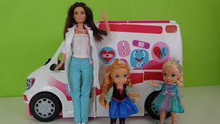 Elsa and Anna toddlers-Barbie's ambulance toy review
