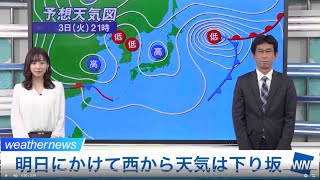 明日にかけて西から天気は下り坂 広いエリアで雨具の出番