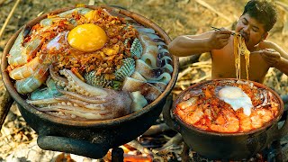 Wilderness Cooking Skill | Steam Seafood Noodle In Pot Eating So Delicious.