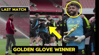 David Raya receives the Golden Glove Award and last training before Everton game || Football pitch