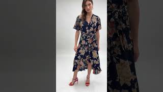 Mela Navy Winter Floral Wrap Midi Dress