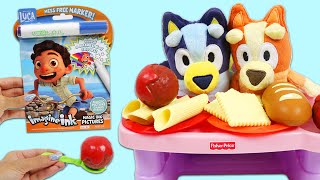 Disney Jr Bluey & Bingo Eat Pasta Dinner Meal Time & Learning with Luca Imagine Ink Coloring Book!