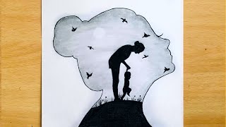 Mother’s Day Drawing Easy Steps | Mother and Child in Moon Light | scenery