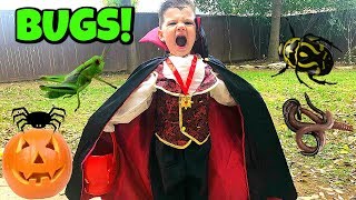 Caleb Pretend Play Halloween Bug Hunt in Vampire Costume For Kids