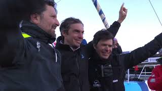 Podium du Vendée Globe 2024: Charlie Dalin, YOANN RICHOMME, Sebastien Simon aux Sables d'Olonne