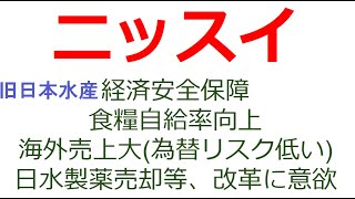 水産大手ニッスイ(旧日本水産)。食品自給率・経済安全保障での有力銘柄。海外売上大、円安影響軽微。外国人のシーフード人気で今後更に業績拡大が予想される。サーモンなどの養殖にも強み。