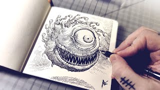 Drawing the Beholder from D\u0026D with Fountain Pens! - Art Time Lapse