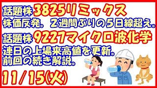 3825リミックスポイント株価反発。２週間ぶりの５日線超え。9227マイクロ波化学、連日の上場来高値を更新。前回の続き解説。 (2022/11/15)