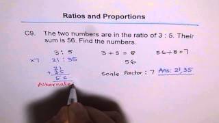 Find the two numbers which are in ratio 3 to 5 with sum as 56