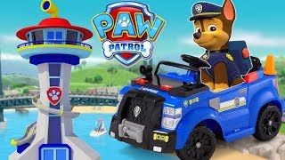Paw Patrol Chase Police Cruiser and Skye Helicopter Ride Ons in Adventure Bay! Pups to the Rescue!