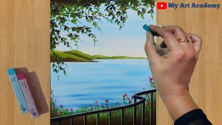 Soft Pastel Drawing - How to Draw Realistic Riverside Landscape Scenery (step by step) Painting.