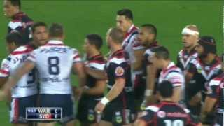 Konrad Hurrell looks for a fight with Sonny Bill Williams - Roosters V Warriors 2013