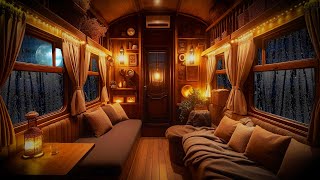 Enchanting Train Cabin Ambiance with Rain and Moonlight