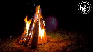 Cozy night campfire. Sounds of fire and crackling logs 12 hours 4K.