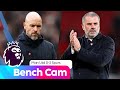 Bench Cam: Erik ten Hag & Ange Postecoglou's reaction on goals and Bruno Fernandes' RED CARD!