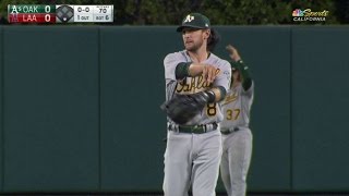 OAK@LAA: Lowrie makes a long jumping throw