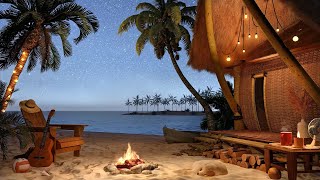 Summer Night Ambience with Cozy Campfire on Beach House Porch, Crickets & Ocean Sounds for Sleep