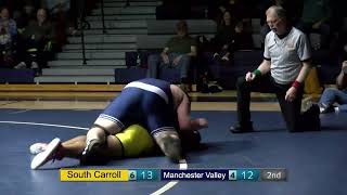 Heavyweight pin by CJ Lamb puts Mavs in the lead. South Carroll 13, Manchester Valley 24