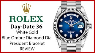 ▶Rolex Day-Date 36 White Gold Blue Ombre Diamond Dial Gold Bezel President Bracelet - REVIEW 128239